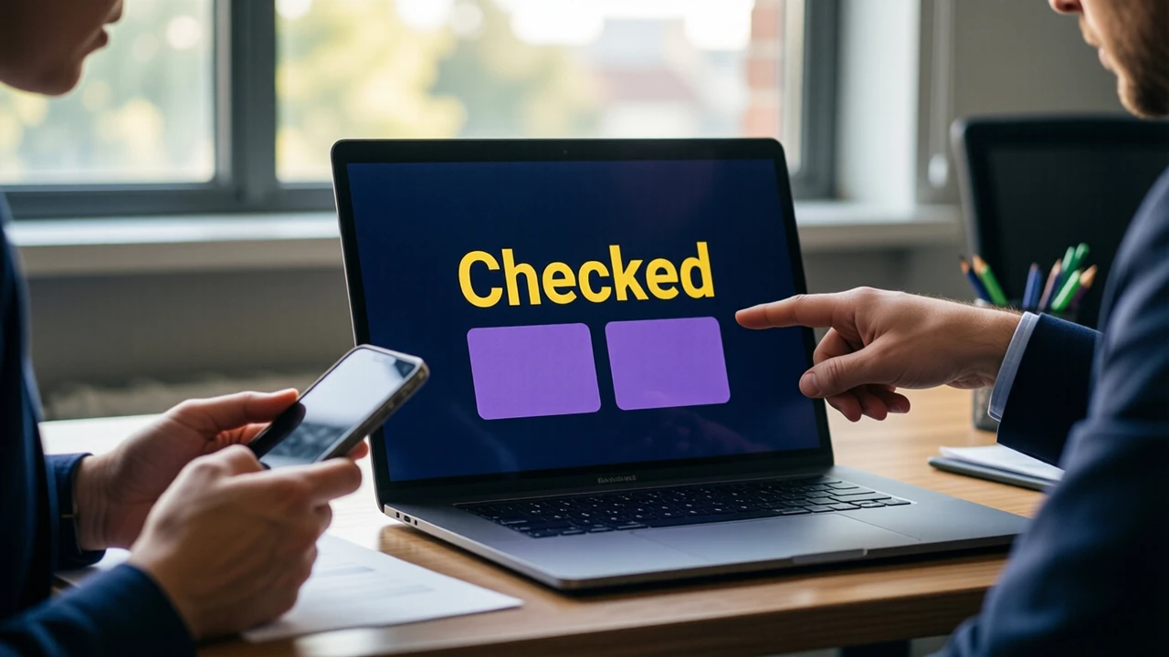 Two colleagues at a shared desk in a small bright office, one holding a phone beside a laptop while the other points at the laptop screen, which is deep navy with the large yellow word "Checked" above two plain purple cards side by side, morning window light behind them.