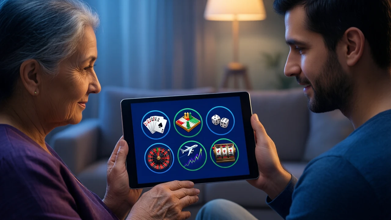 An Indian grandmother and her adult son in his thirties on a sofa looking at one tablet she holds, the tablet screen deep navy with six bright rounded tiles in two rows: a fan of playing cards, a ludo board corner with pawns, a pair of dice, a red and black roulette wheel, a small aeroplane over a rising line, three slot reels, anywhere on the screen, warm lamp light.