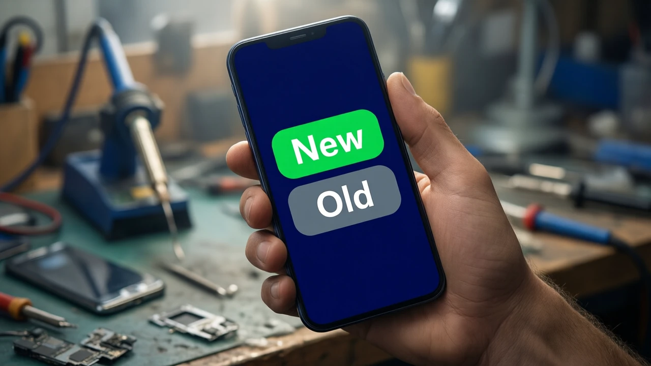 Close view of a man's hand holding a phone above a cluttered repair-shop counter, the phone screen deep navy with two stacked rounded bars, the top bar bright green with the large white word "New" and the lower bar dull grey with the large white word "Old", spare phone parts and a soldering stand blurred on the counter.