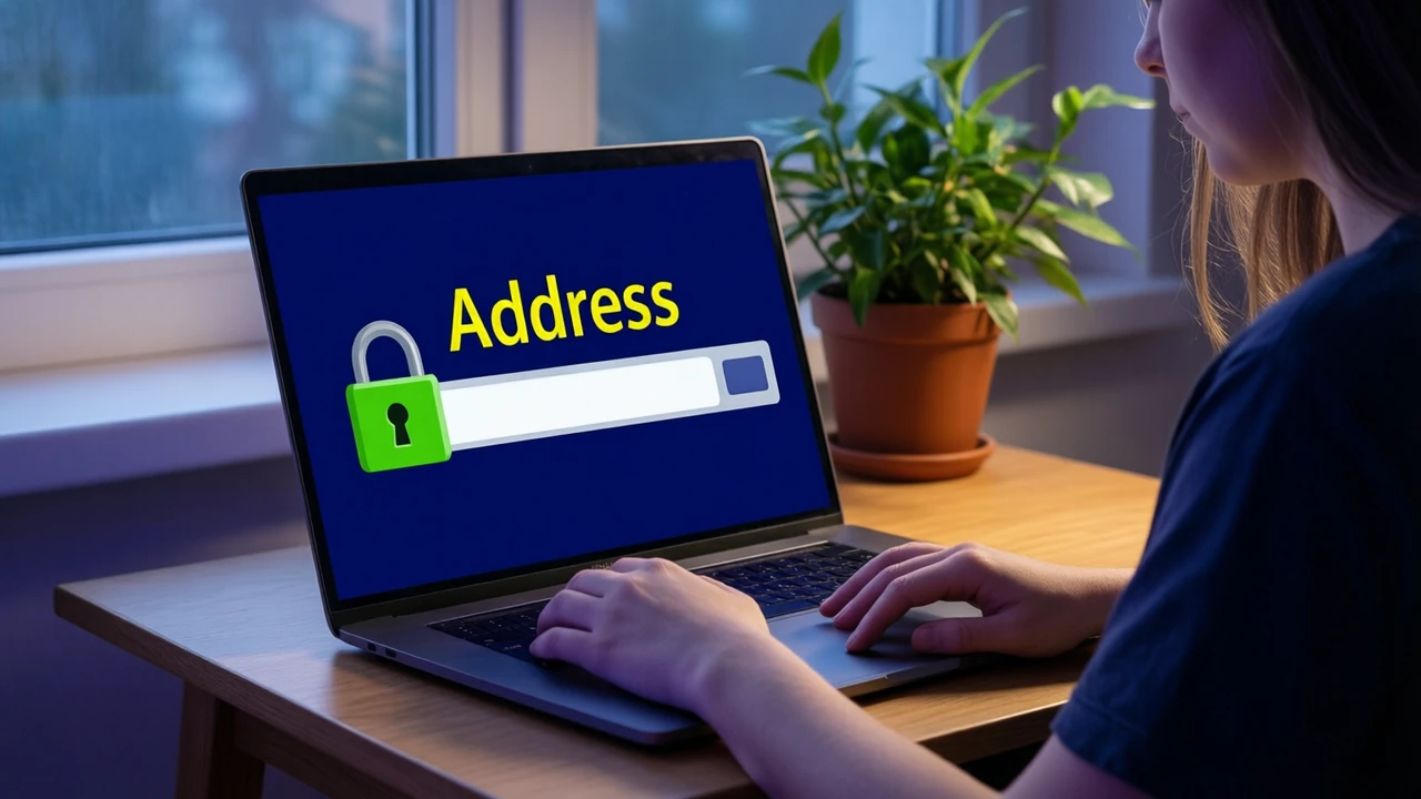 A woman at a small home desk leaning towards a laptop, the laptop screen deep navy showing one wide white address bar with a large green padlock at its left end and the large yellow word "Address" above it, a potted plant and a window with evening light behind her.