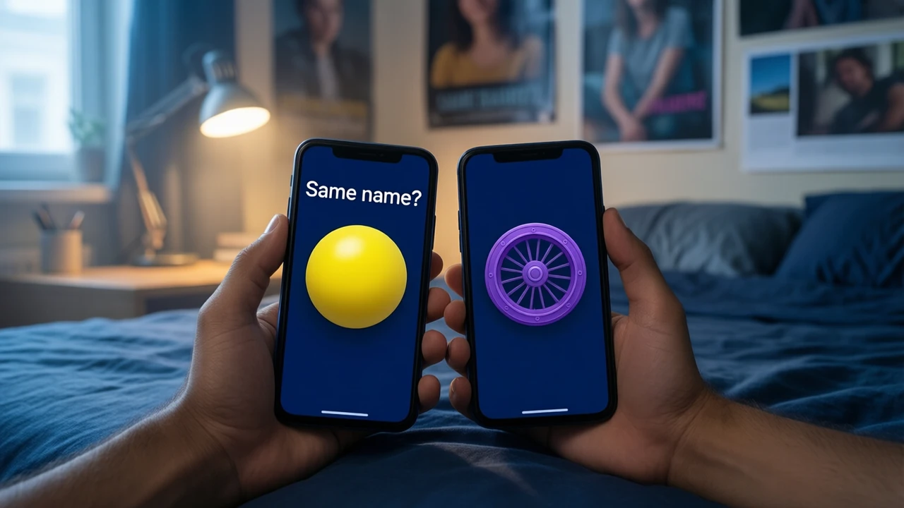 Two college friends on a hostel bed comparing their phones held side by side, each phone screen deep navy with one large rounded app tile, the left tile showing a yellow ball and the right tile showing a purple wheel, the large white words "Same name?" across the top of the left screen, posters and a desk lamp blurred behind them.