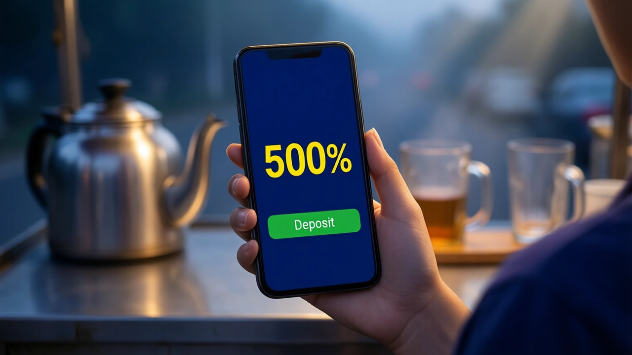 A young woman at a roadside tea stall holding a phone at chest height, the phone screen deep navy with the large yellow figure "500%" in the middle and one wide green button below it reading "Deposit", a steel kettle and glass tumblers softly blurred on the stall counter.