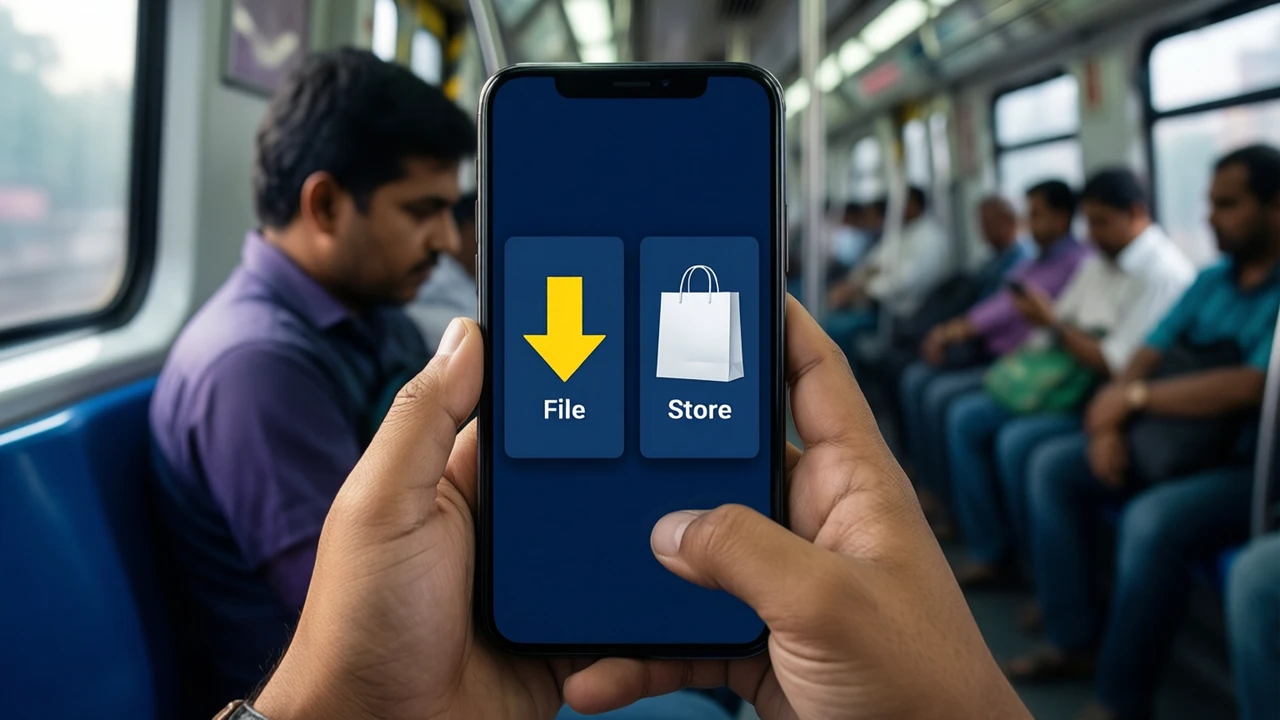 A young man on a Mumbai local train seat holding a phone in both hands, the phone screen deep navy with two tall cards side by side, the left card with a large yellow download arrow under the white word "File" and the right card with a plain white shopping bag under the white word "Store", commuters softly blurred behind.