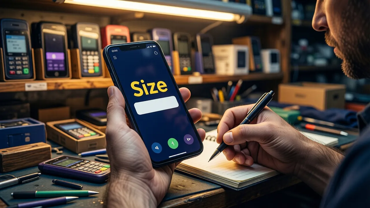 A man in his late thirties at a workbench in a small phone-repair shop, holding a phone in one hand and a pen over a paper notebook in the other, the phone screen deep navy with the large yellow word "Size" above one thick white bar, shelves of boxed handsets blurred behind him in warm tube light.