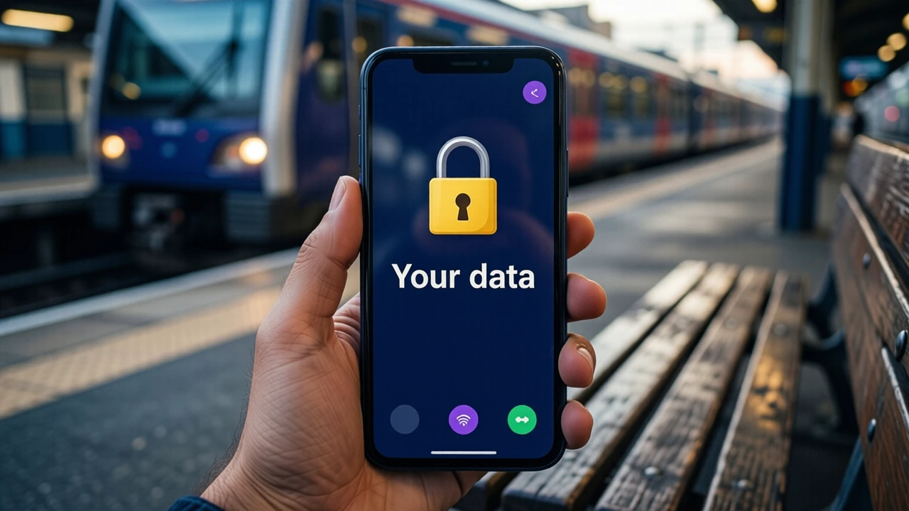 A phone lying in an open palm on a train platform bench, the phone screen deep navy with a large yellow padlock above the big white words "Your data", a passing train softly blurred behind.