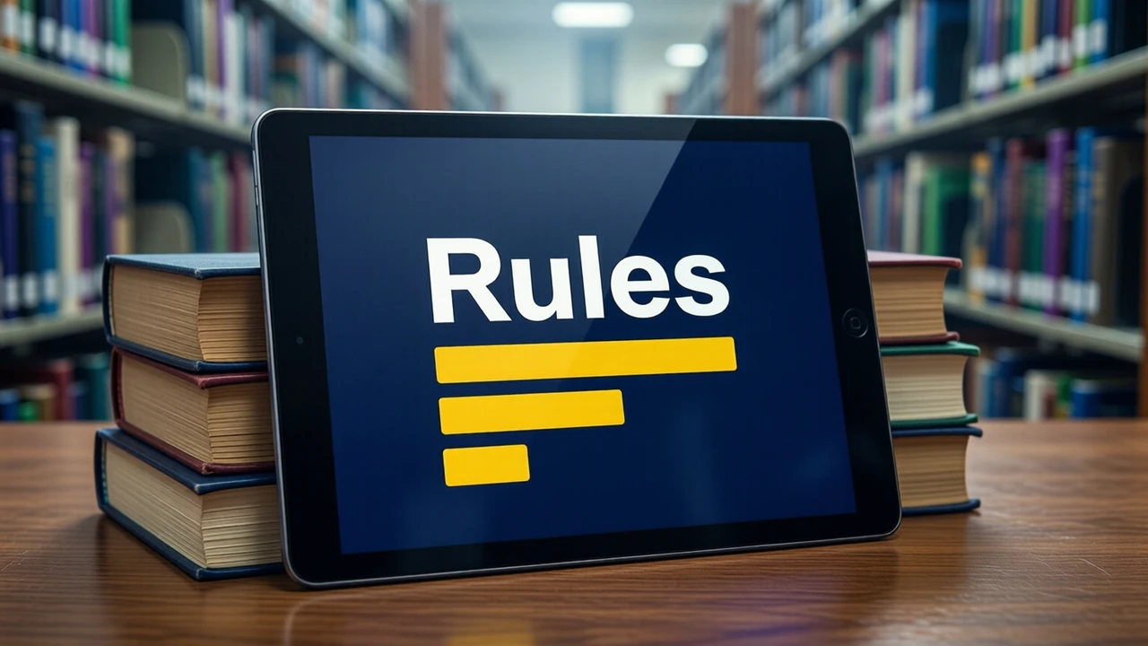 A tablet propped against a stack of books on a library reading table, the tablet screen deep navy with the large white word "Rules" at the top and three short thick yellow bars below it, rows of shelves softly blurred behind.