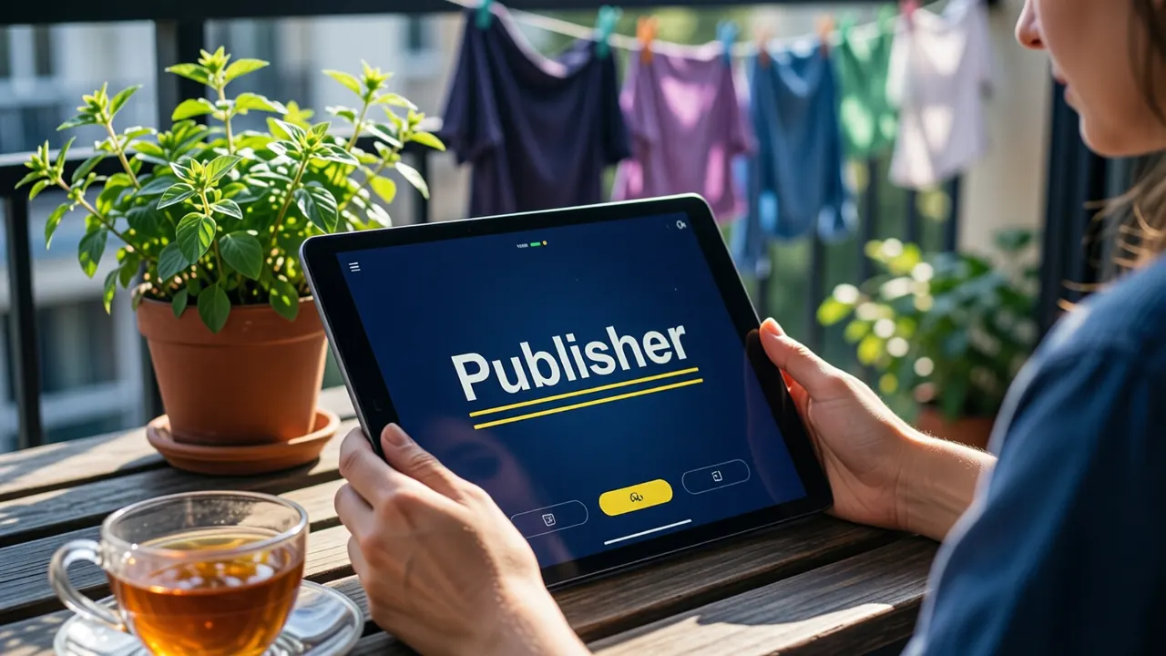 A woman in her early thirties sitting at a sunny balcony table with a cup of tea, scrolling a tablet held in both hands, the tablet screen deep navy with the large white word "Publisher" above three thin yellow lines, potted tulsi and hanging laundry softly blurred behind her.